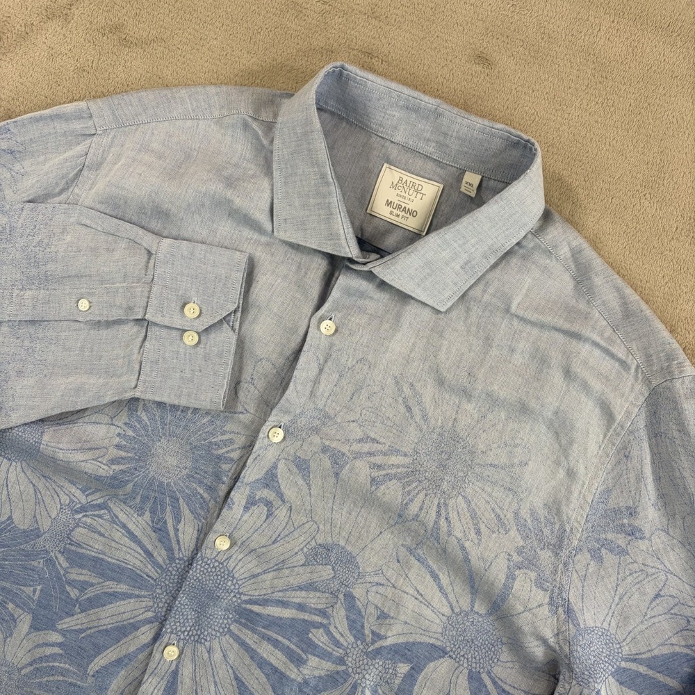 Murano Baird McNutt Linen Blend Slim Fit Shirt in Blue Floral Men 2XL Resort